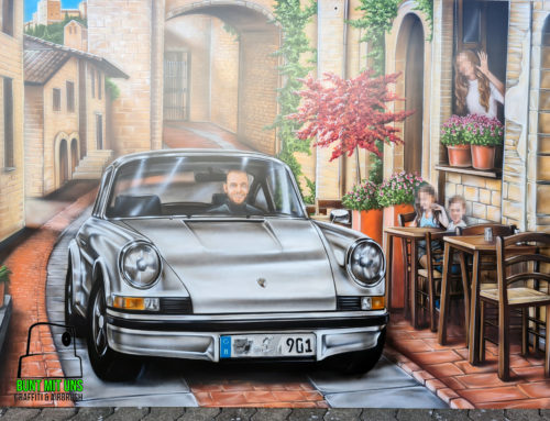 Bemalte Dibondplatte, Motiv “Porsche”, 2,5m x 1,5m.